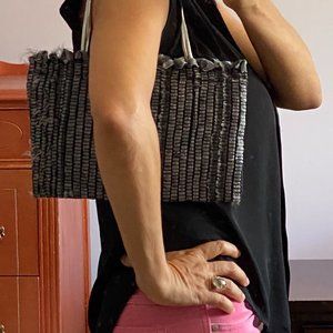 Loom Weaved Shoulder Purse, Hand Crafted, Silver Black Metallic, Women's